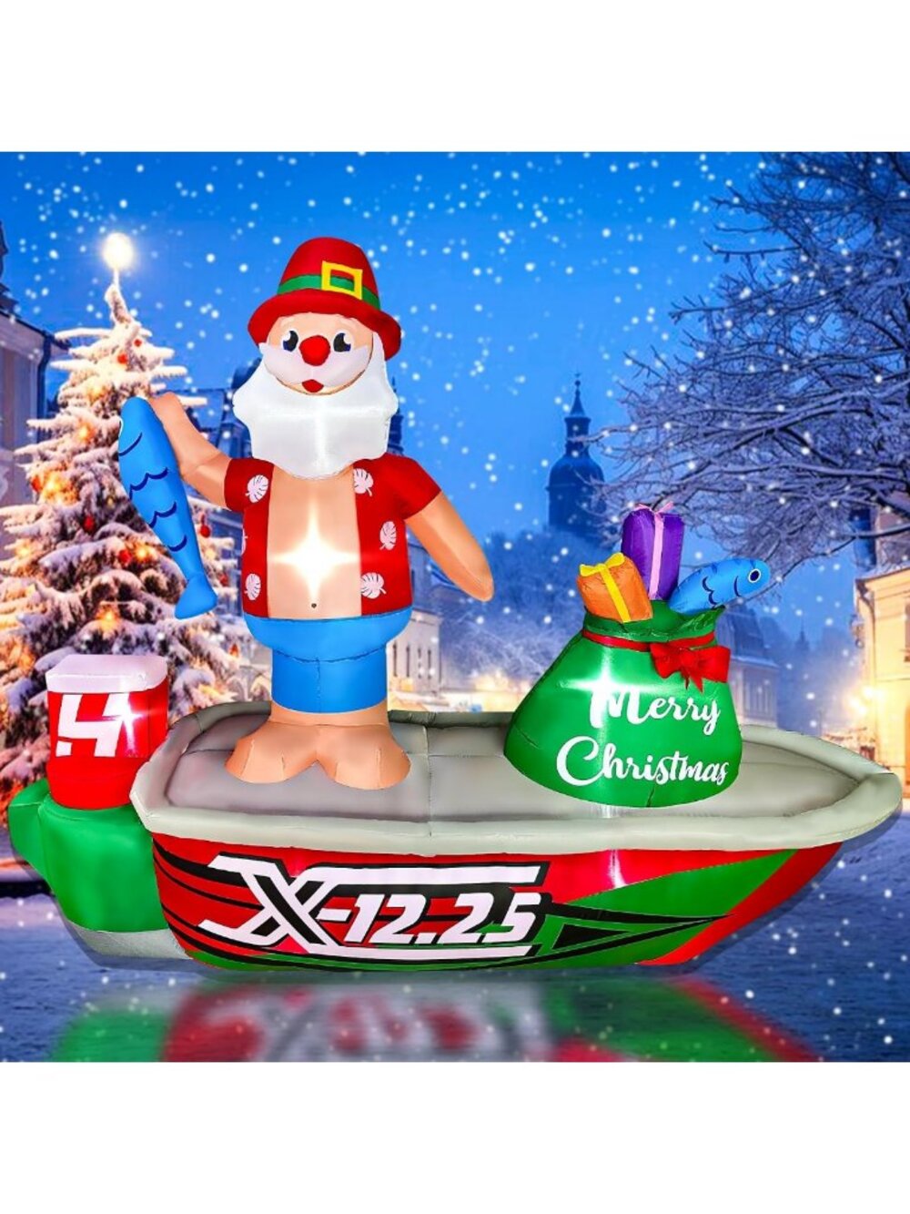 8ft Inflatable Christmas Santa on Fishing Boat - Fun Holiday Decor for Yard